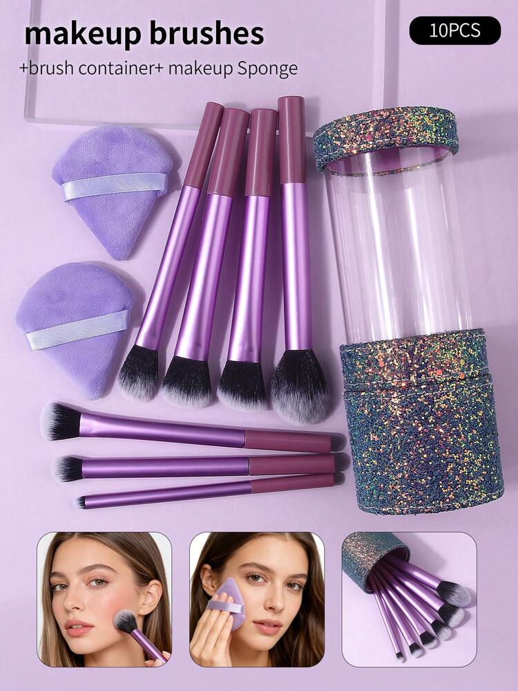 10件套紫色化妆刷套装 - 腮红刷、散粉刷、遮瑕刷、眼影刷、面部刷 + 双头植绒粉扑 + 闪亮装饰收纳桶，新手化妆工具全套，赠品，专业化妆刷，完整化妆套装 - 紫色 - 查看 2