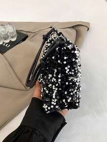 Women Silver Sequin Shoulder Bags Zipper Closure Underarm Handbag Solid Color Tote Handbag For Wedding Prom Parties Travel - A - View 9