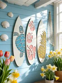 3件套海洋主题彩色镂空装饰品，热带动物和花卉图案墙饰，沙滩风格冲浪板造型轻巧装饰品，适用于家居、墙壁、门、窗户、阳台、客厅、卧室、浴室、海滩别墅、夏季派对、节日等场合。 - 白色 - 查看 3