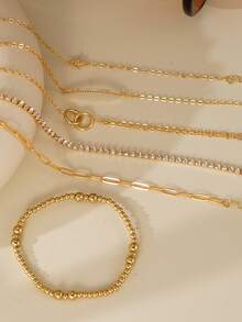 6-częściowa elegancka bransoletka z cyrkonii sześciennej z czterolistną koniczyną i podwójnym pierścieniem, wielowarstwowa, koraliki CCB w kolorze złotym, modna biżuteria damska, odpowiednia do noszenia na co dzień, idealny prezent dla niej - Żółte złoto - Zobacz 4