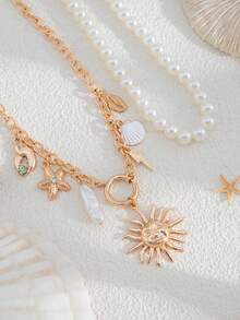 2pcs/Set Ocean Holiday Style Sunflower, Starfish, Seashell & Water Drop Pendant Necklace, Faux Pearl Beaded Layered Necklace, Elegant Luxury, Suitable For Wedding, Party, Beach, Casual, Street Style, Women & Couples, Holiday & Birthday Gift - Gold - View 8