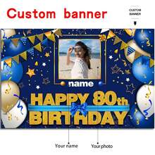 Custom Happy 80th Birthday Decorations Banner - 80 Years Old Birthday Decorations Backdrop For Women Men Boys Girls - Personalization Happy 80th Birthday Party Decorations Supplies - Navy Blue - 樣式 1 - 查看 2