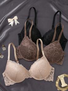 Hersunei 3件装多色性感蕾丝舒适钢圈聚拢文胸（女士） - 彩色 - 查看 8