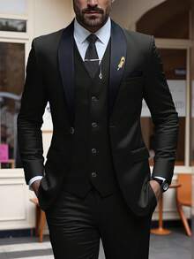 Mens 3 Piece Suit Slim Fit One Button Dress Tuxedo Men Suits Set Solid Color Wedding Classic Tuxedo Shawl Lapel Blazer Men Suits Set - 黑色 - 查看 1