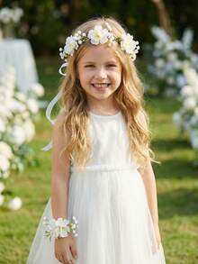 2件套米色网纱玫瑰花冠+花朵手链套装，适合女孩和女士，可用于婚礼、新娘、派对、拍照道具、周年纪念、情人节礼物、亲子装。 - 米色 - 查看 6