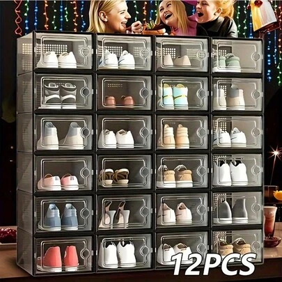 6/12/24-Pack Shoe Storage Boxes, Transparent Plastic Stackable Shoe Cabinet Organizer, Space-Saving Folding Athletic Shoe Container Rack