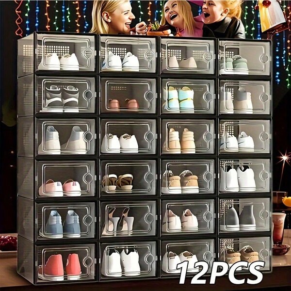 6/12/24-Pack Shoe Storage Boxes, Transparent Plastic Stackable Shoe Cabinet Organizer, Space-Saving Folding Athletic Shoe Container Rack