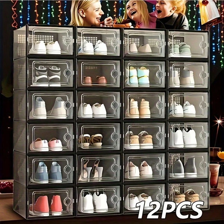 6/12/24-Pack Shoe Storage Boxes, Transparent Plastic Stackable Shoe Cabinet Organizer, Space-Saving Folding Athletic Shoe Container Rack - 黑色 - 查看 1