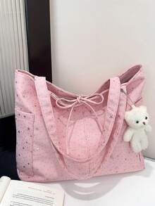 休闲尼龙女士手提包，大容量，时尚星形图案，女士单肩包，新款学生简约风格 - 粉色 - 查看 9