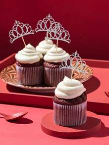 24/12个银色皇冠蛋糕装饰插牌，带闪光，适用于女王/公主主题蛋糕、婚礼、生日、性别揭晓派对蛋糕装饰 - 彩色 - 查看 5