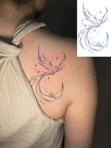 1张梦幻水彩凤凰临时纹身贴纸，尺寸为3.94*2.36英寸，饰以星星和新月元素，动感梦幻，适用于手臂、肩膀、腰部等身体部位，是节日、聚会、派对、送礼、惊喜的理想之选。防水防汗，持久耐用，易于粘贴和去除。 - 淺粉色 - 查看 9