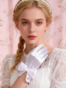 1 Pair White Satin Bow Formal Gloves, Suitable For Wedding, Banquet, And Various Outfits - White - View 1