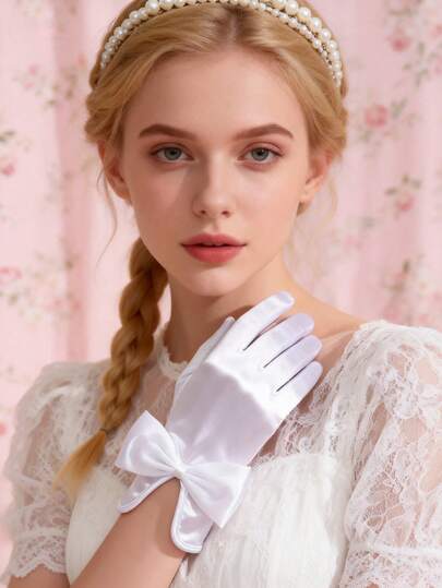 1 par vita formella handskar med satinrosett, lämpliga för bröllop, bankett och olika outfits