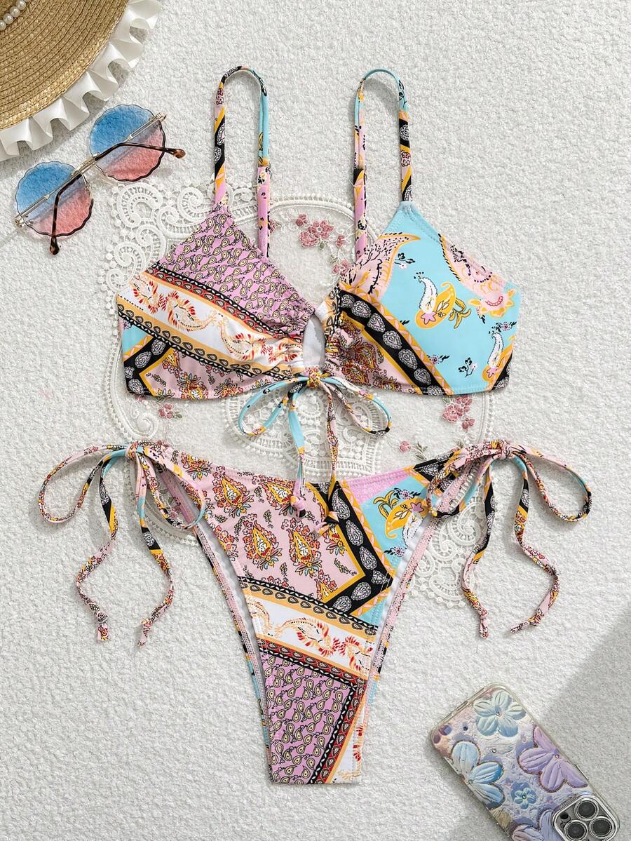 Nuevo conjunto de bikini elegante y sexy con push-up, de moda de alta gama con lazos laterales ajustables, ideal para playa, vacaciones y viajes, estiloso y sexy con estampado personalizado, adecuado para cumpleaños, San Valentín, Carnaval - Multicolor - Ver 1