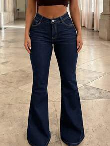 Women's Mid-Rise Flared Jeans, Sexy Ripped Elastic Raw Hem Denim Flared Pants, Casual Wear Fashion Trousers - TC08342深藍 - 查看 1