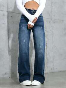 2026New Girls' Mid Waist Straight Tube Washed Grey Blue Women's Jeans And Pants, Personalized Flower Grinding, Water Washing Technology,  Fashionable Daily Wear, Multiple Pockets, Comfortable And Casual Pants, Suitable For All Seasons, Essential For Women's Wardrobes - xám xanh - Xem 4