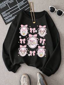 1pc Disney Minnie Mouse & Daisy Duck Cute Bow & Frame Graphic Print Tween Girls' Lovely Sweatshirt - Soft & Comfortable, Perfect For Daily Casual Wear - màu đen - Xem 1