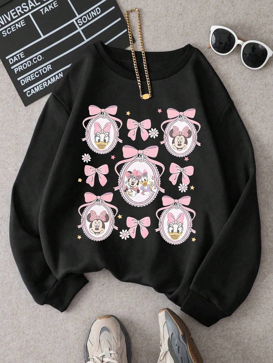 1pc Disney Minnie Mouse & Daisy Duck Cute Bow & Frame Graphic Print Tween Girls' Lovely Sweatshirt - Soft & Comfortable, Perfect For Daily Casual Wear - màu đen - Xem 1