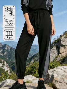 Women's Lightweight Quick-Dry Splice Color Block Sports Pants, Drawstring Waist Casual Trousers For Travel, Outdoor, Cycling, Workout, Running - Black - View 1