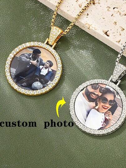 1pc Customized Sparkling Cubic Zirconia Round Pendant Necklace, Personalized Photo Pendant Necklace For Women/Men, Family, Friends, Parents, Couples, Holidays, Anniversary, Birthday Gift