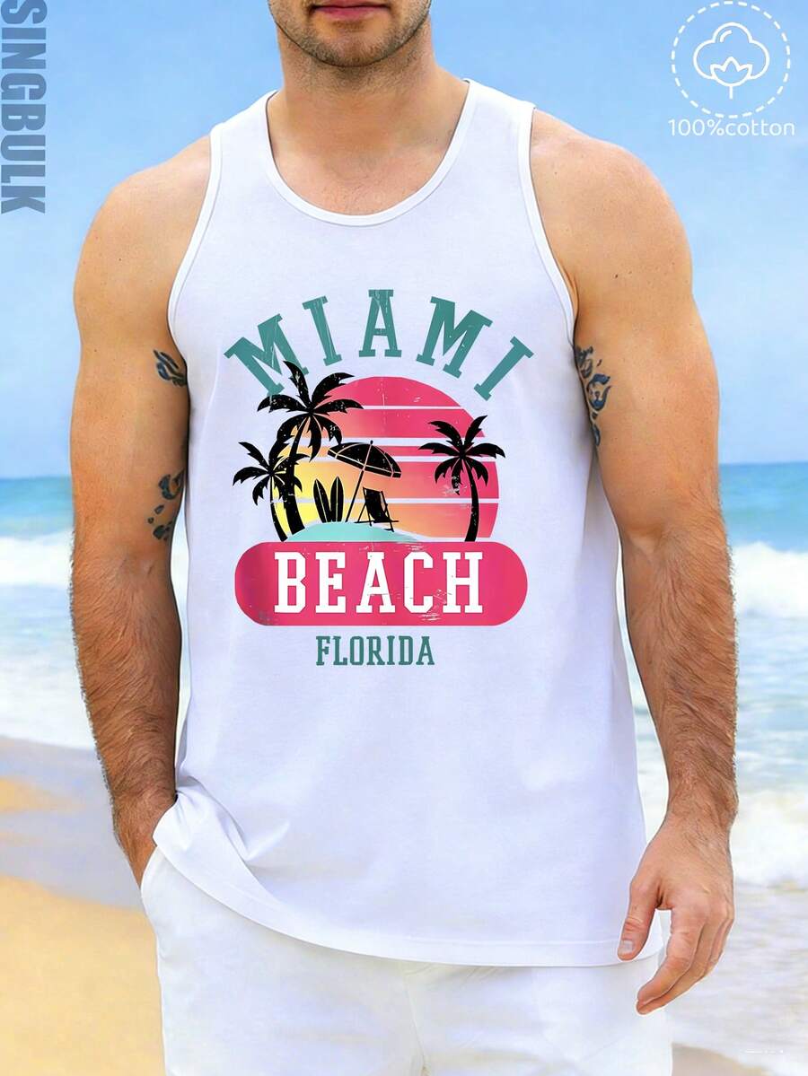 singbulk Men's Cotton Comfy Sleeveless With Beach Palm Trees Print Casual Tank Tops - trắng - Xem 1