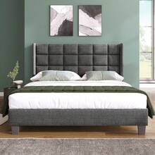 Upholstered Bed With Its Padded Headboard, Double Bed With Slatted Base, 140x200cm, In Grey Linen, Medium Firm (Without Mattress) - Grey + Linen + 140cm*200cm - View 8