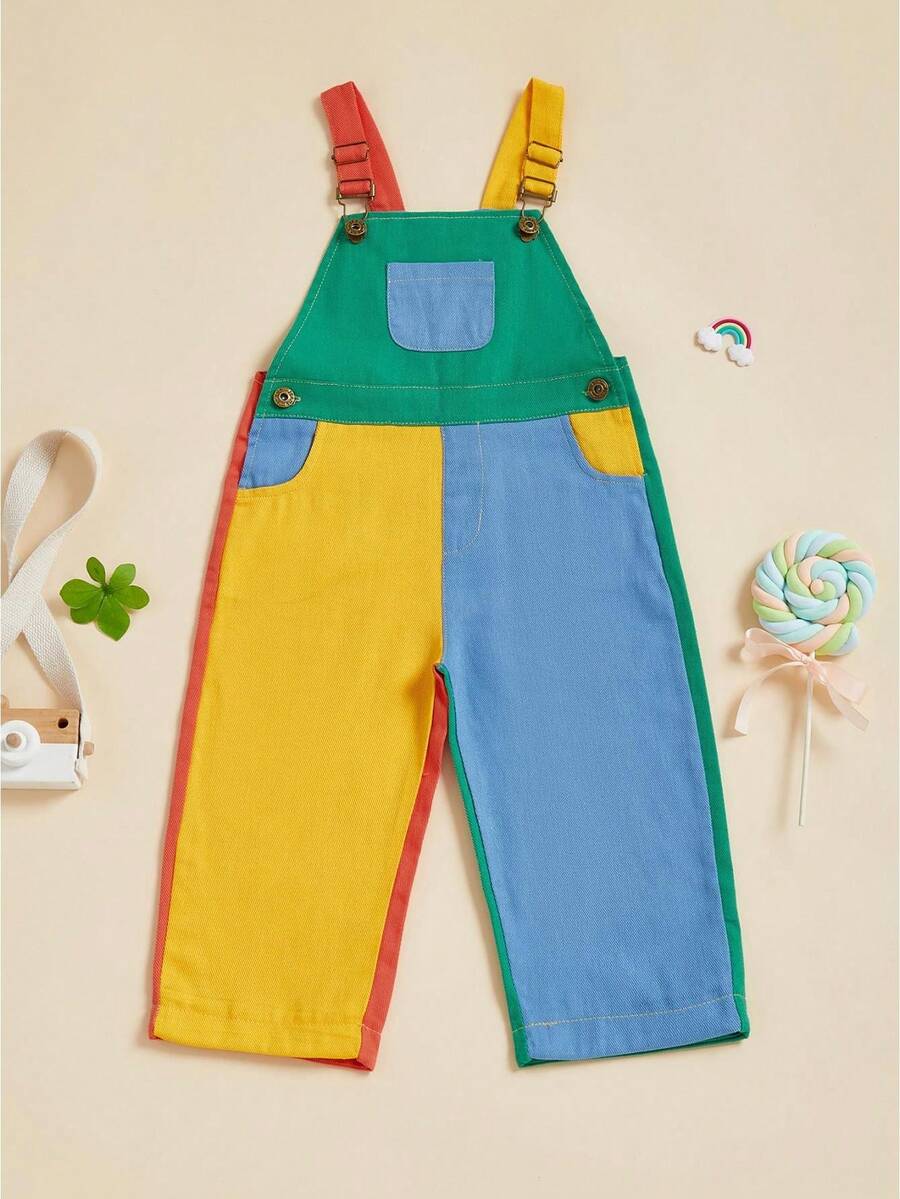 Toddler Baby Girl Boy Summer Overalls Romper Sleeveless Color Block Striped Jumpsuit Shorts Adjustble Shoulder Strap Suspender Shortalls - 綠黃藍 - 查看 1