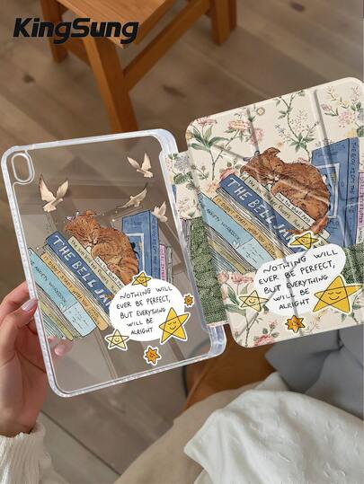 Kingsung Custodia per tablet in acrilico trasparente a forma di Y con motivo carino a gatto, compatibile con tablet /iPad Mini 6/7/9.7/10.2/10.5/10.9/12.9/Pro 11, 10a generazione, cover protettiva con supporto per regolazione multi-angolo, sei modalità di posizionamento del supporto, slot per penna integrato, retro trasparente, protezione anti-caduta, risveglio/sospensione automatica