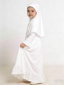2pcs/Set Muslim Girls' Long Sleeve Solid Color Dress + Headscarf - White - View 3