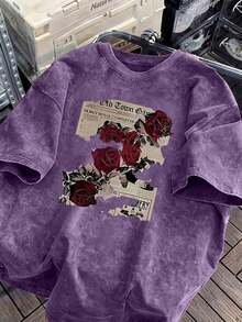 1 PcsWomen's Retro Rose And Newspaper Cartoon Letter Pattern Prints On The Street, Korean-Style Comfortable Retro Fashion Commuting Versatile Y2k Women's Clothing, Regular Niche Punk Style Black Fitted Round-Neck Short-Sleeved Washed T-Shirt, Washed Retro Series Comfortable Pure Cotton T-Shirt, Easily Create Retro Casual Wear, Suitable For Daily Commuting, Leisure Outings, Daily Outfits, Classic Retro Style Women's Clothing - 紫羅蘭色 - 查看 1