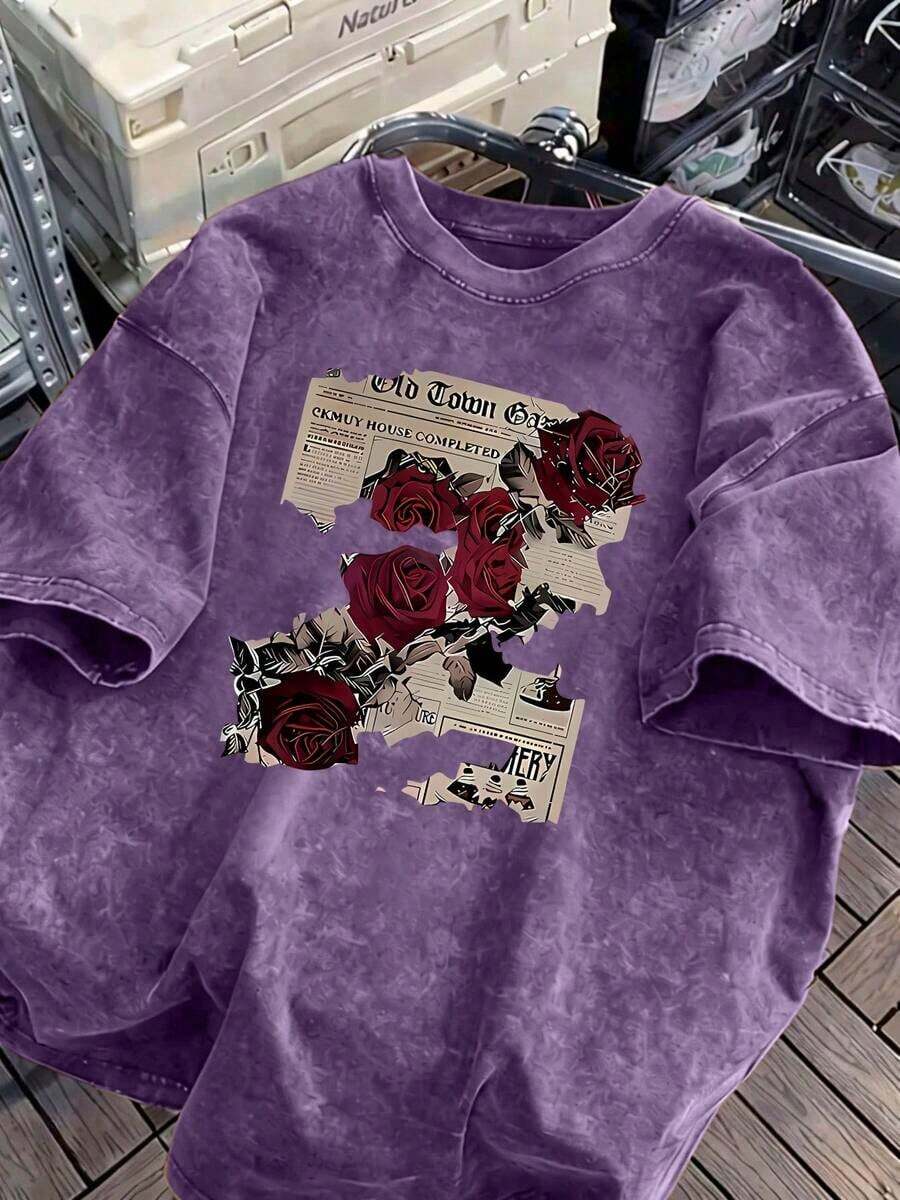 1 PcsWomen's Retro Rose And Newspaper Cartoon Letter Pattern Prints On The Street, Korean-Style Comfortable Retro Fashion Commuting Versatile Y2k Women's Clothing, Regular Niche Punk Style Black Fitted Round-Neck Short-Sleeved Washed T-Shirt, Washed Retro Series Comfortable Pure Cotton T-Shirt, Easily Create Retro Casual Wear, Suitable For Daily Commuting, Leisure Outings, Daily Outfits, Classic Retro Style Women's Clothing - 紫羅蘭色 - 查看 1
