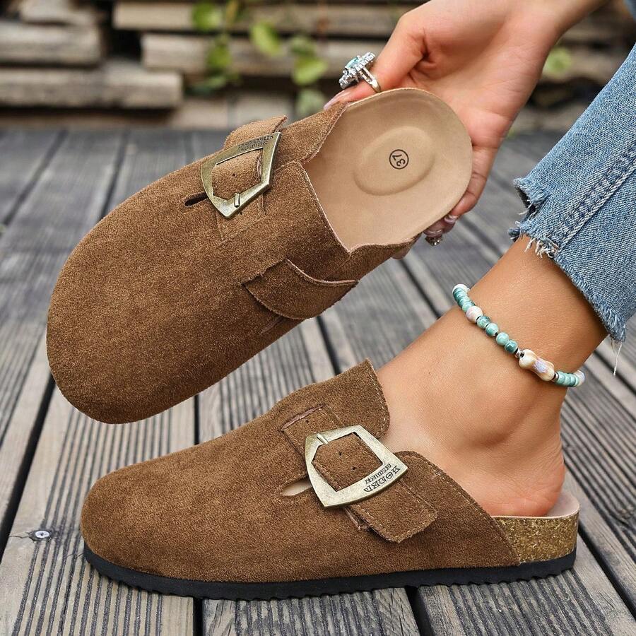 女士铜扣穆勒鞋，复古风格平底拖鞋，休闲优雅百搭凉鞋，适合日常穿着，四季皆宜。 - 摩卡棕 - 查看 1