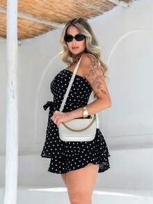 Women's Short Polka Dot Jumpsuit Dress With Ruffle And Thin Straps, Summer, Zipper, Dune, Casual, Elegant, Cute, Boho, Layered Fabric, Ruffled Hem, Zipper, Jumpsuit Dress, Dating, Beach, Wedding, Vacation, Party, Daily - 黑色 - 查看 8