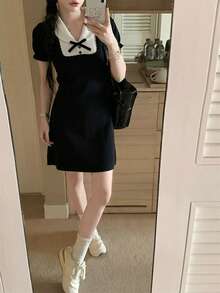 夏季黑白撞色针织迷你连衣裙 - 优雅纯正的Yurty甜美休闲学院风街头Y2K短袖彼得潘领蝴蝶结装饰荷叶边袖口修身A字女装连衣裙及上衣 | 适合年轻女士、甜美女孩、Y2K女孩和性感女孩，完美适用于情人节/妇女节/母亲节/休闲聚会/海滩度假/派对聚会/返校季/婚礼季/音乐节/2026春季学院风针织连衣裙 - 黑色 - 查看 3