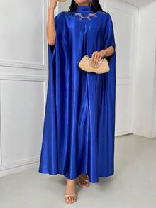 Women's Patchwork Mesh High Collar Abaya Robe - Blue - View 4