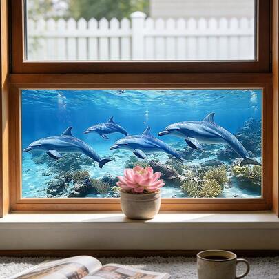 1/3pcs Ocean-Themed Window Electrostatic Adsorption Film. Removable Vinyl Electrostatic Adsorption Glass Sticker, Jellyfish And Dolphin Pattern Design. Suitable For Living Room And Home Decor, Reusable.