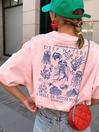 Women's New Summer Round-Neck Short-Sleeve T-Shirt With Jellyfish Pattern And Letter Print, Casual Loose Versatile Top, Fashionable Daily Wear Pink