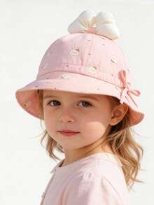 1顶婴儿柔软棉质兔子印花蝴蝶结可调节宽檐遮阳帽，休闲户外防紫外线 - 1PC - 查看 2