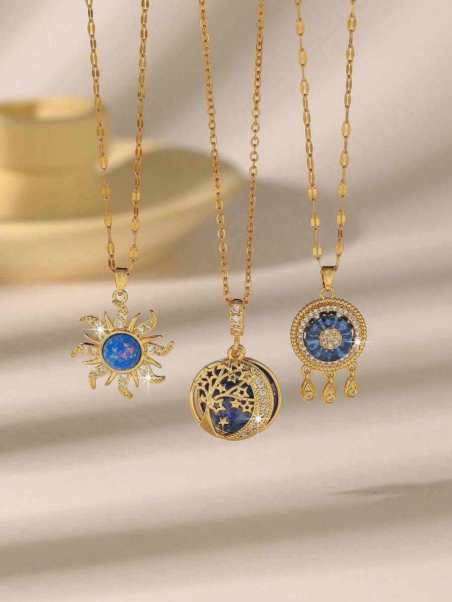 女士奢华太阳/生命之树/捕梦网/邪眼吊坠项链，高光泽镀金锆石链，通勤和约会皆宜 - 金色 - 查看 1