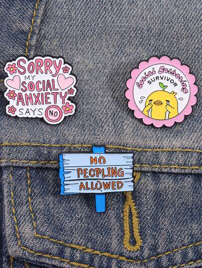 QTHOPE Set de 3 broches con temática de ansiedad social - Flor rosa, Eslogan, Señal de tráfico de pato amarillo, Alfileres de metal versátiles