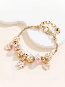 心形花朵吊坠手链 经典心形水钻手链 心形T字手链 时尚金色心形手链 女孩情人节礼物 - 彩色 - 查看 13