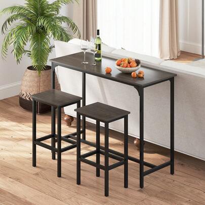  COSTWAY Bar Table And Chairs Set, 47.5" Rectangular Pub Table With 2 Stools, Counter Height Table Set With Metal Frame & Footrest, Breakfast Table Set For Small Space, Grey/Black/Brown