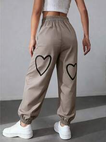 Heart Print Sporty Women's Drawstring Pants, Casual Commuter Slim Fit Lightweight Polyester Jogger Pants For Summer Spring - Khaki - View 4