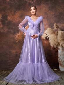 Faeriesty Elegant Maternity V-Neck Gown – Ruffle Trim, Multi-Layer Skirt, Perfect For Baby Showers, Formal Galas, And Romantic Dinners - Lilac Purple - View 1