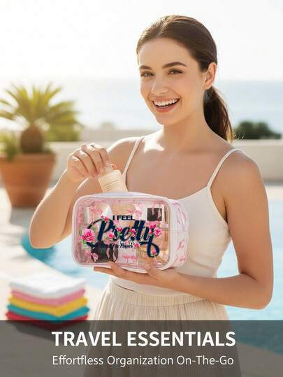 1pc Transparent Pu Bow-Shaped Cosmetic Bag Printed With "I Feel Pretty" And "Beauty Is Power". Full Of Feminine Power And Confident Style,A Stylish Cosmetic Organizer, This Compact Travel-Sized Women'S Toiletry Bag Is Perfect For Travel, Beach Days, And Workouts. A Summer Essential, It'S Also A Great Choice For Celebrations, Birthday Gifts, And Back-To-School Essentials,Perfect For Ramadan, Eid Al-Fitr, Valentine'S Day, Christmas, And Thanksgiving.