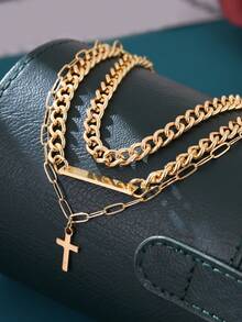 3pcs Layered Chain Bracelet, Classic Safety Pin, Paperclip Layered Mixed Design, Creative Cross Charm Men Jewelry - Yellow Gold - View 4