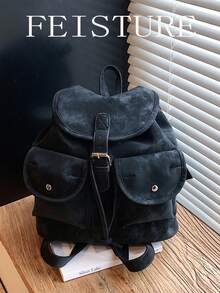 新款秋冬多口袋抽绳背包，轻便学生背包，适合日常出行、约会、通勤和上学。 - 黑色 - 查看 3