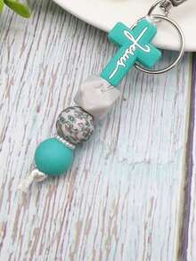 New Cross Silicone Bead Keychain Cross Charm Bracelet Style Keyring For Women Men Teens Daily Use Gift Limit One Per Order - Mint Blue - View 4