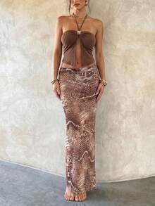 棕色两件套，吊带背心（前后系带设计，金色圆圈装饰，弹力针织面料），高腰长裙（蛇纹/豹纹迷彩印花）——性感时尚，适合海滩度假、休闲派对、约会之夜、购物、夏季聚会、日常穿搭。 - 棕色 - 查看 5