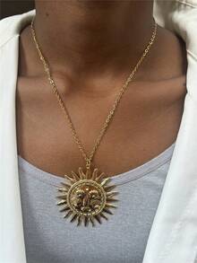 心形太阳脸独特夸张设计吊坠项链，不锈钢首饰配饰 - 人臉項鍊 - 查看 2